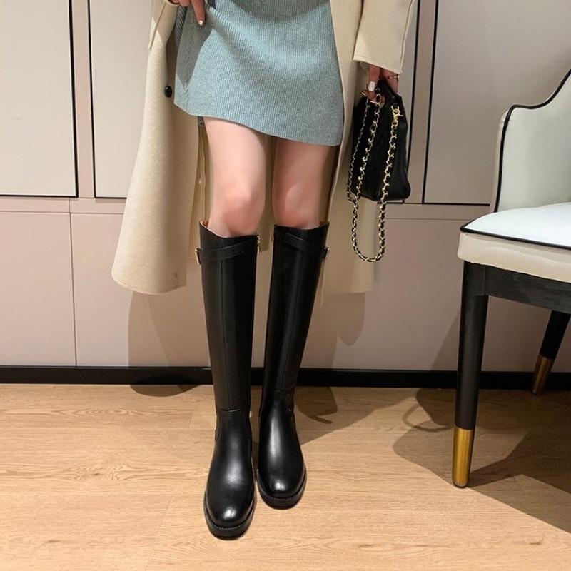 New Women's Black Elegant with Low Heels Shoes Long Brown Boots Winter Knee High Shaft Stylish Lastest Price Goth