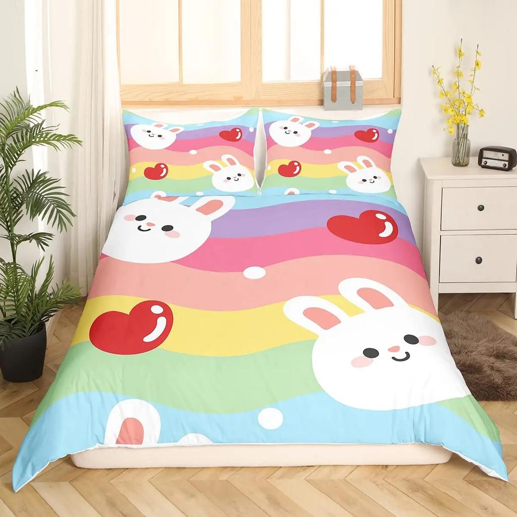 Children Cute Cartoon Bunny Printing Duvet Cover for Kids Girls Boys Rabbit Takes Balloon White Duvet Cover Bedroom Decorations