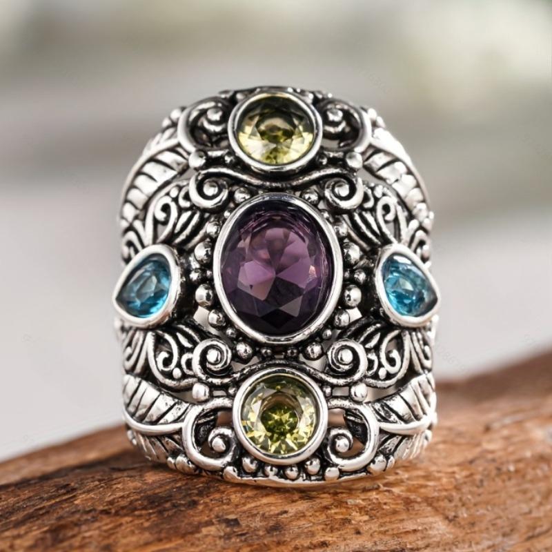 

Vintage Trendy Carved Patterns with Colorful Inlaid Zircon Rings, Women s Personalized Ethnic Style Holiday Accessories Zircon 7