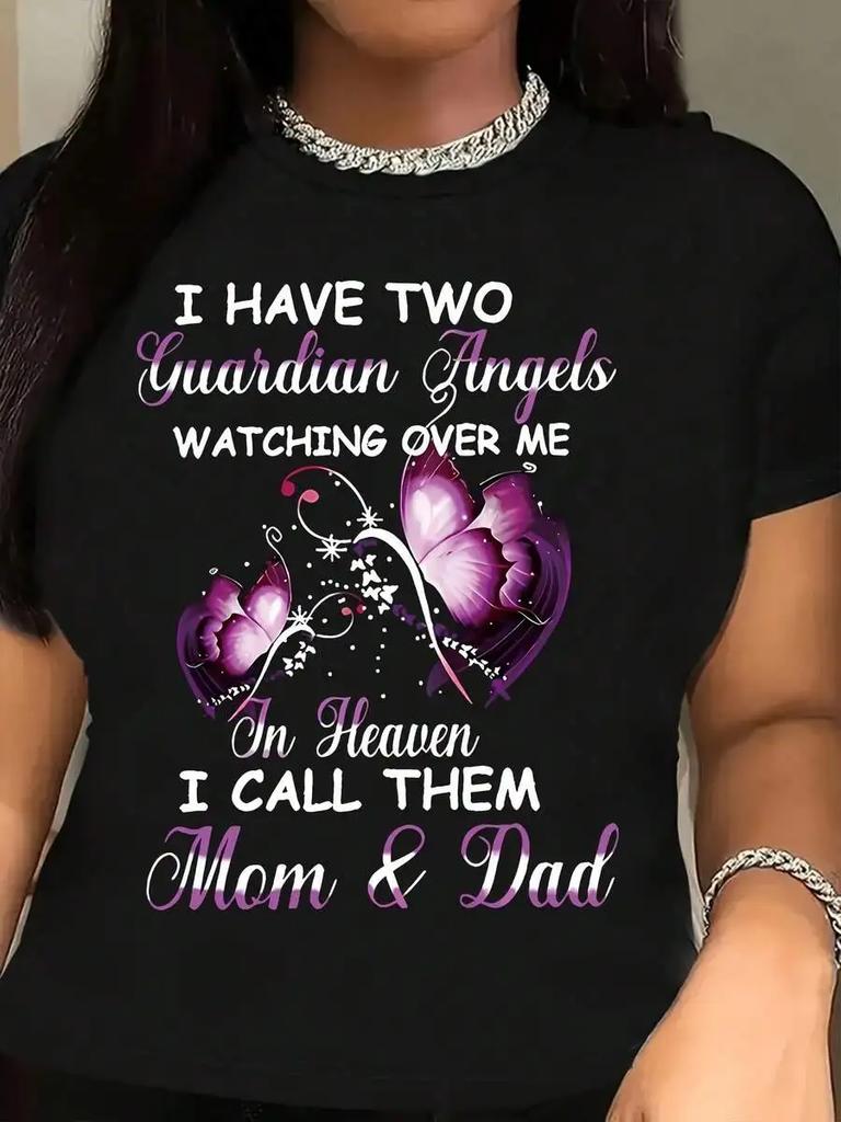 TXWomen's Crew Neck Short Sleeve Graphic T-Shirt, "In Heaven Mom And Dad Protect Me" Memorial Theme Print, 100% Cotton Regular Length Casual