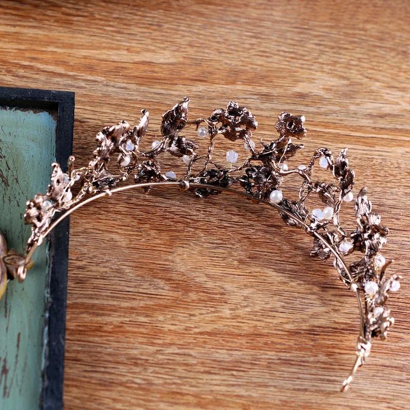 Vintage Barock Gold Farbe Perle Blatt Braut Tiaras Kristall Krone Haarbänder Rebe Tiara Hochzeit Haarschmuck Braut Stirnband