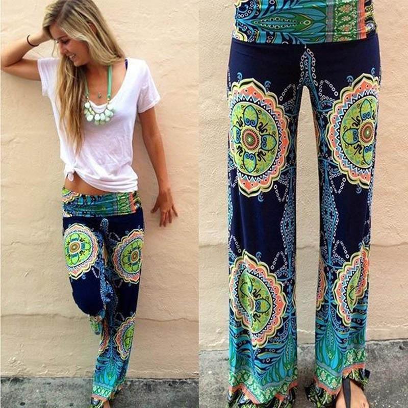 Women Bohemia Long Pants Floral Print Straight Casual Loose Trousers With Micro Fiber Material