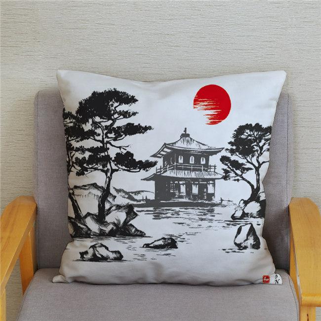 45*45 Classical Ink Landscape Printing Pattern Cushion Cover Home Living Room Sofa Decoration Square Pillow Case