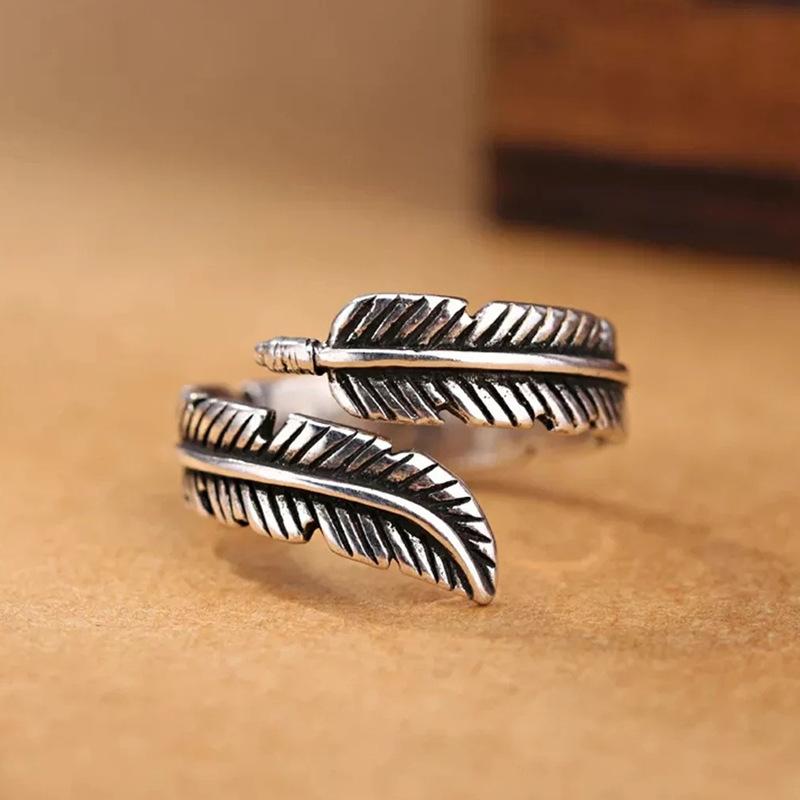 Feather Leaf Ring, Opening Adjustable Retro Old Index Finger Ring, Texture Personalized Ring Ring