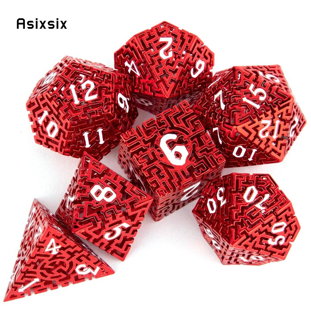 7 Pcs Red White Metal Dice Maze Hollow Metal Polyhedral Dice Set Suitable for Role-Playing RPG  Board Game Card Game
