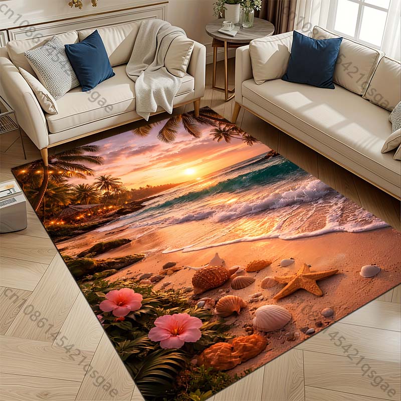 1PC Beach sunset with palm trees Print Carpet Rug for Living Room Bedroom Sofa Doormat Home Decor Non-slip Floor Mat