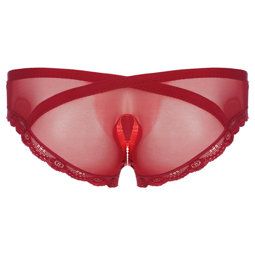 Mens See Through Mesh Crotchless Briefs Low Rise Lace Trim Underpants Cross Dresser Sissy Underwear