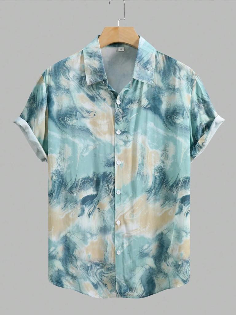 Tie-Dye Effect Men's Shirt – Vibrant Watercolor Wash Short Sleeve Button-Up with Psychedelic Swirl Patterns for Festival Style