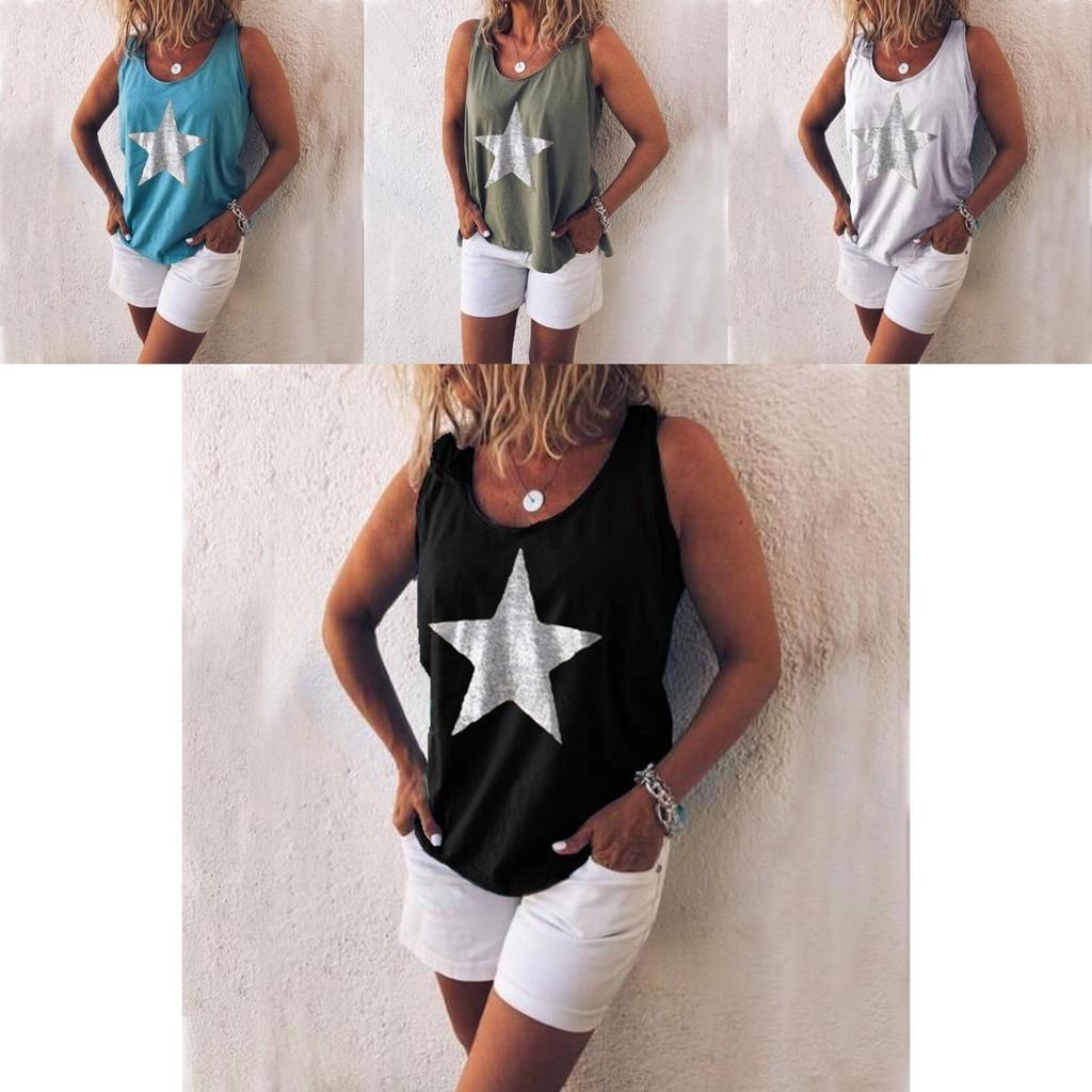 Stylish Plus Size Women Sleeveless Star Print T-shirt In Five Vibrant Colors