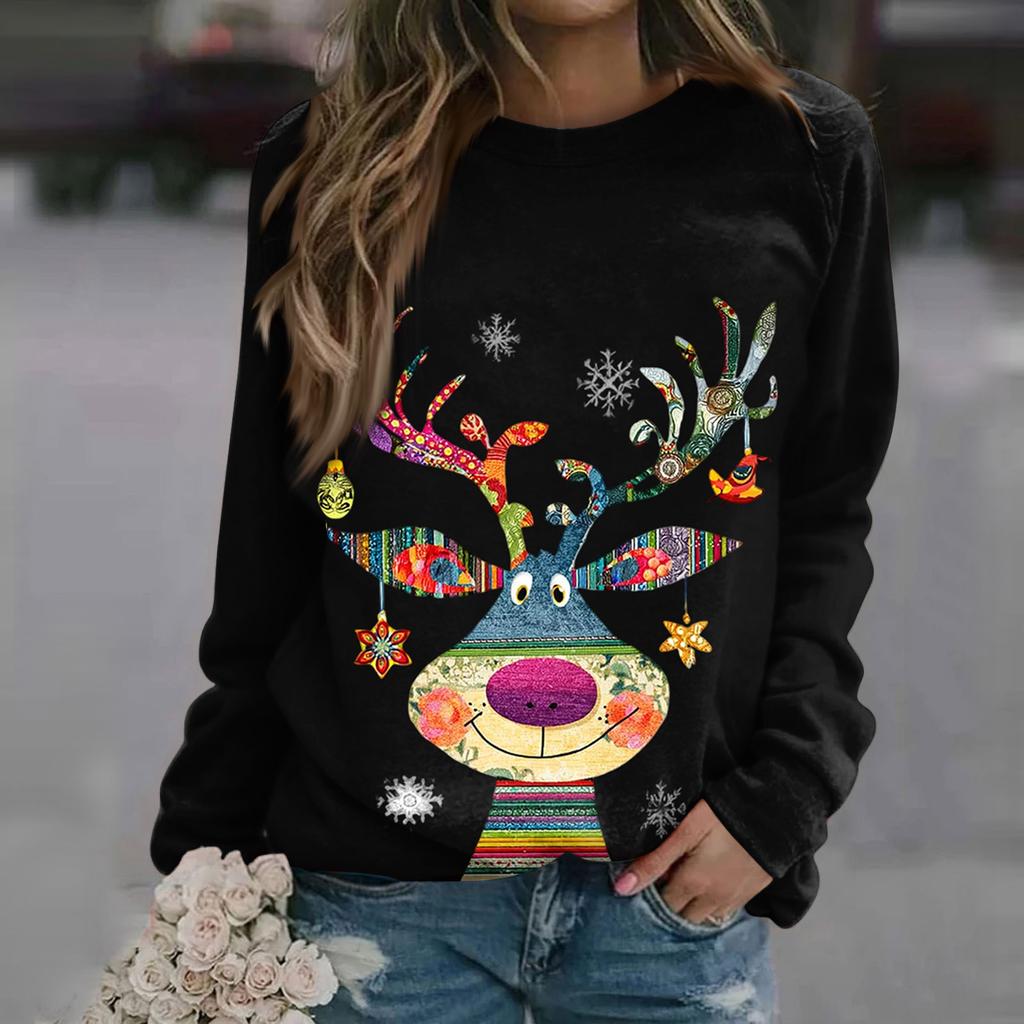 Blusa de algodón con cuello redondo para mujer, informal, con estampado de moda, manga larga, cuello redondo