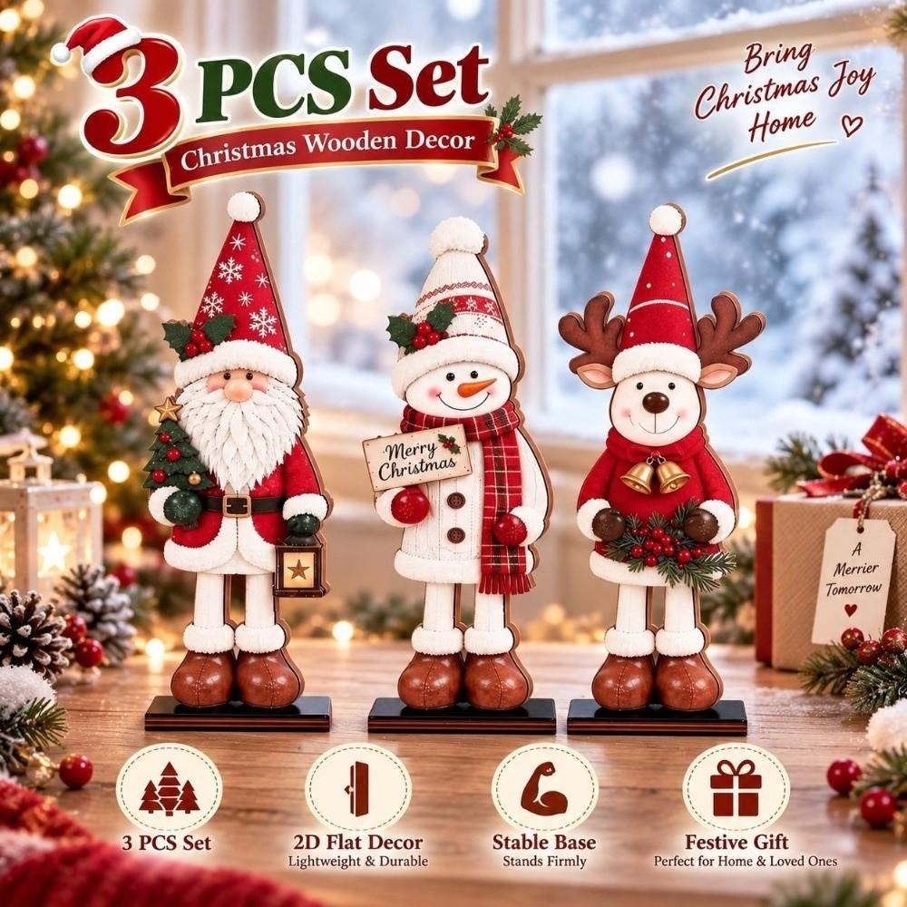 3Pcs Vintage Santa Snowman Reindeer Figurines Set Christmas Table Plaques  Festive Atmosphere