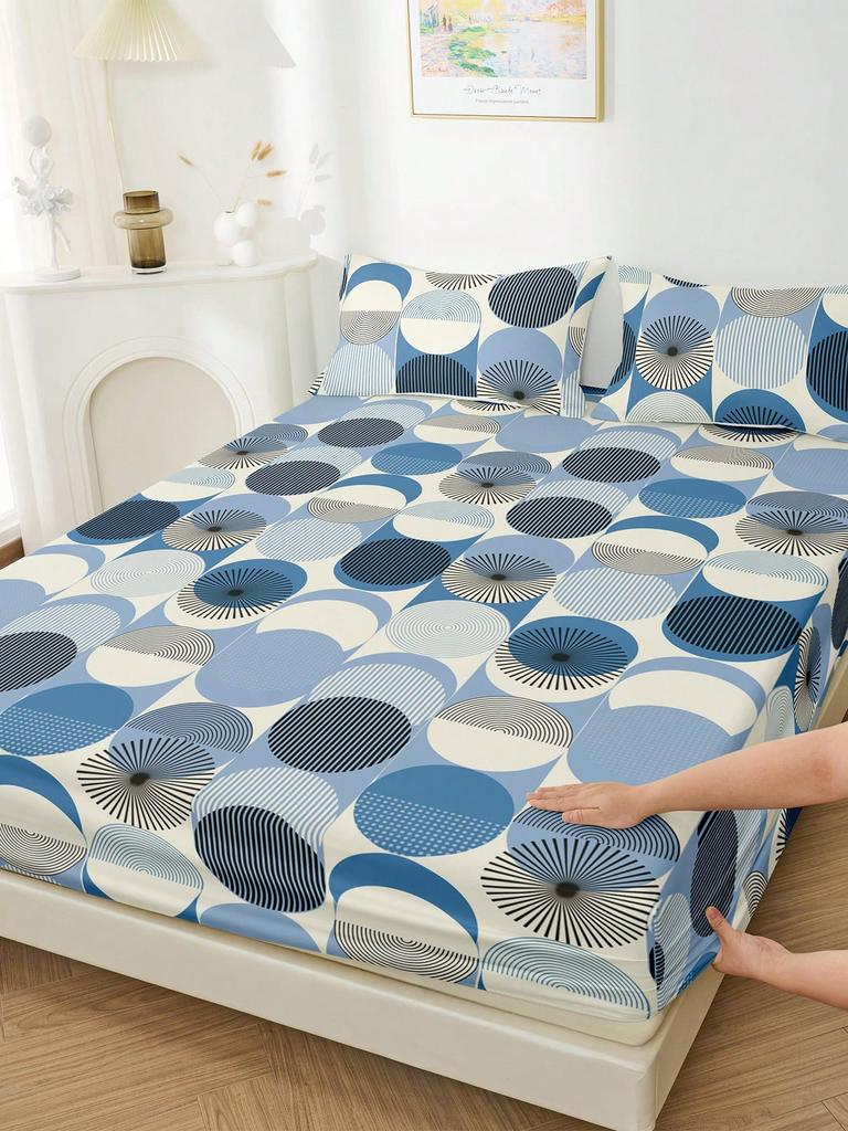 Gradient Blue Fitted Sheet Stylish Circle Plaid Pattern Printed Geometric Style Flat Sheet With 2 Pillowcases Modern Room Decor