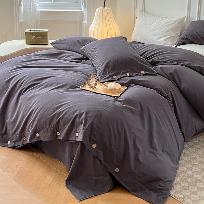 MUJI-Style Four-Piece Flannel & Washed Cotton Bedding Set with Buttoned Duvet Cover