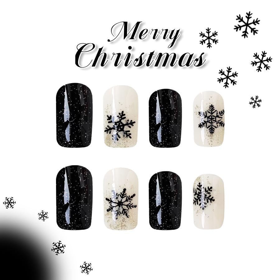 Christmas Press on Medium Square Fake Nails With Black Snowflakes Design - Glossy Glue on Winter Xmas Full Cover Acrylic Artificial Bling Gold