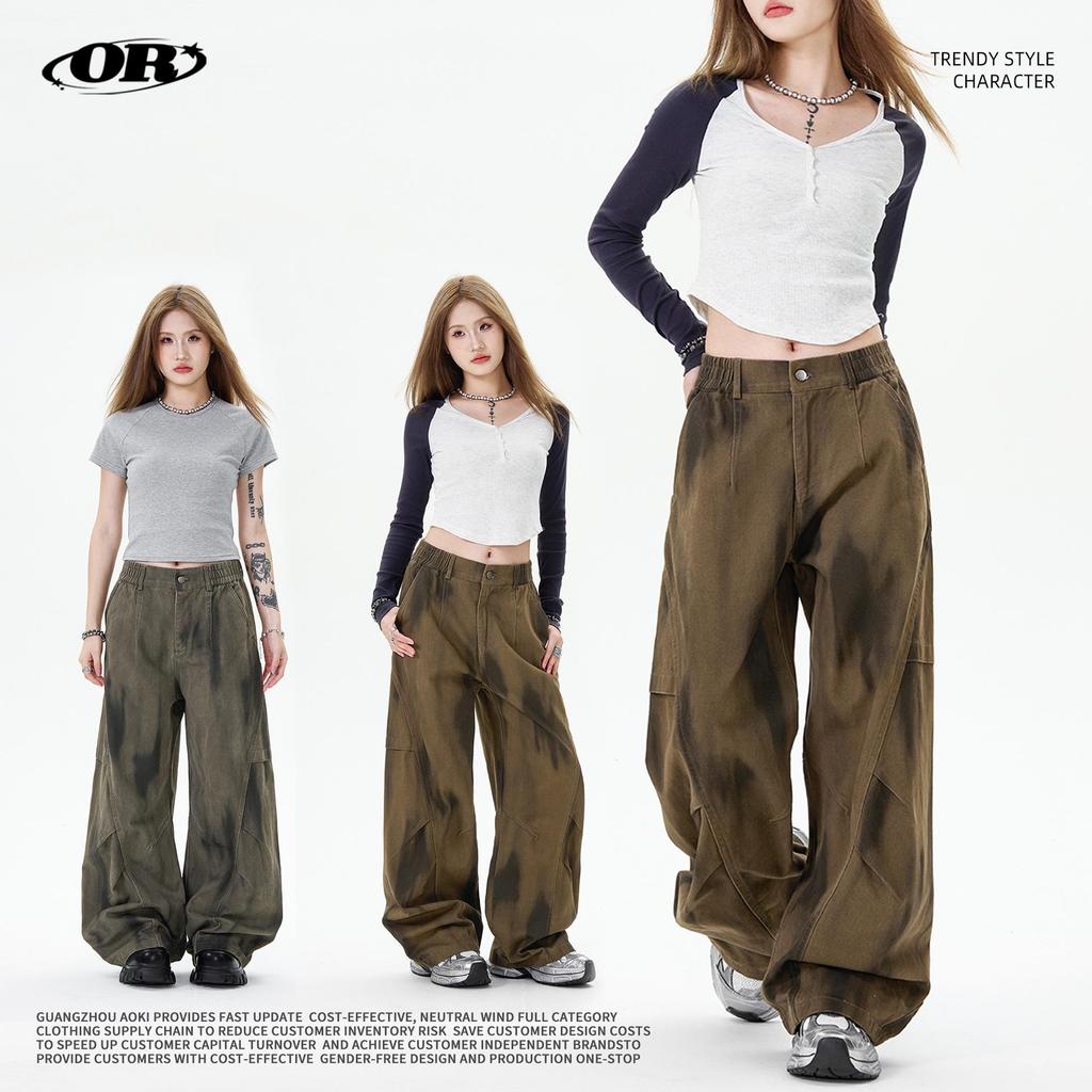 OREETA Tie-Dye Gradient Curved Leg Cargo Pants: Casual Wide Leg Streetwear In Pure Cotton
