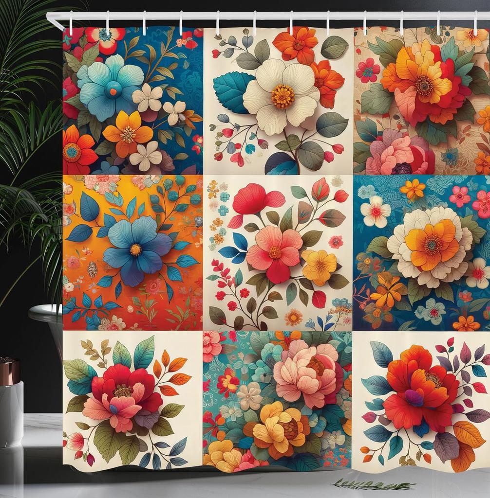Hippie Shower Curtain, Daisy Look Flowers on Abstract Groovy Style Waves Retro 60s 70s Vibes, Cloth Fabric Bathroom Decor Set