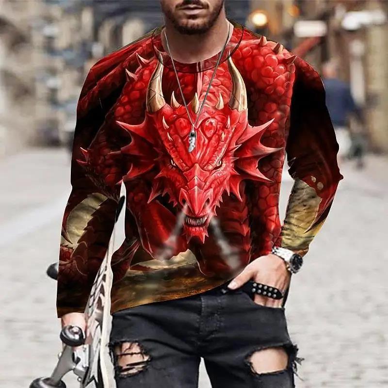 Men Spring Autumn Animal T Shirts Round Neck Long Sleeves Top Men's Sport Wear Plus Size Vintage 3d Print T Shirt