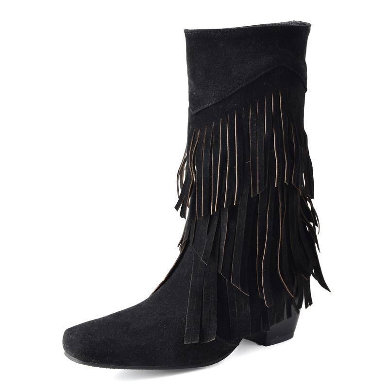 

Женские ботинки до середины икры, лаконичная женская модная обувь на толстом высоком каблуке с квадратным носком и кисточками, осенне-зимняя обувь черного, коричневого, серого цвета, 45 35 чёрный
