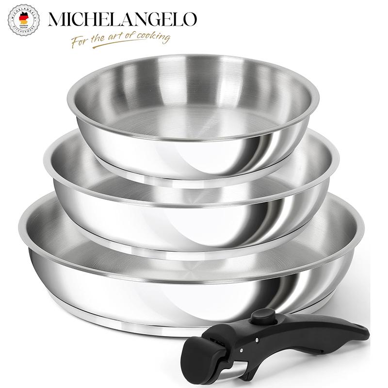 MICHELANGELO 8" & 9.5" & 11" Stainless Steel Frying Pan Set Kitchen Cooking Pans with Removable Handle Induction Compatible