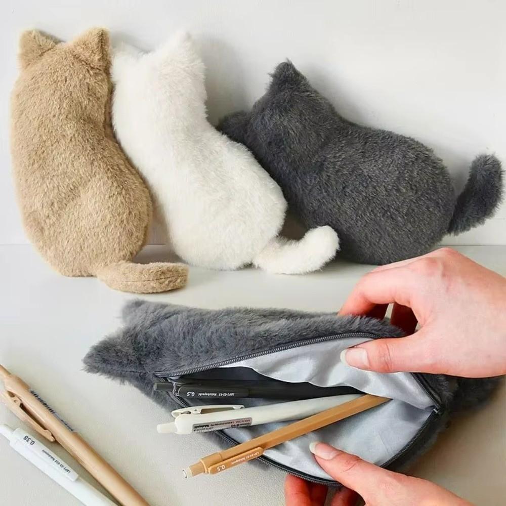 Soft Cat Plush Pencil Bag Cute Animal Stationery Bag Portable Fluffy Pencil Case Office Supplies