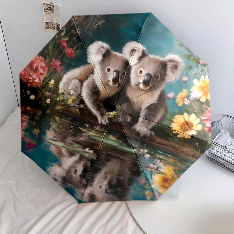 Fantasia koala e fiori, ombrello pieghevole automatico, design portatile e pieghevole, 8 stecche, un regalo di Natale o di compleanno.