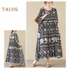 Boho Elephant Floral Print Maxi Dress for Women Oversized Cotton Linen Long Dress Casual Short Sleeve Beach Sundress