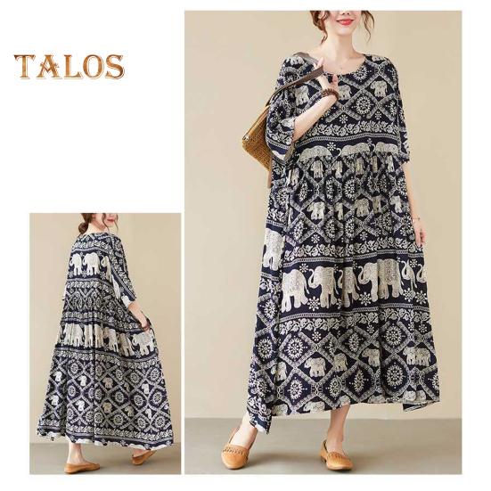 Boho Elephant Floral Print Maxi Dress for Women Oversized Cotton Linen Long Dress Casual Short Sleeve Beach Sundress
