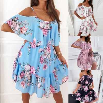 Damen Sxey Kleider Mode Sommer Strand Boho Off Shoulder Blumen Träger Minikleid