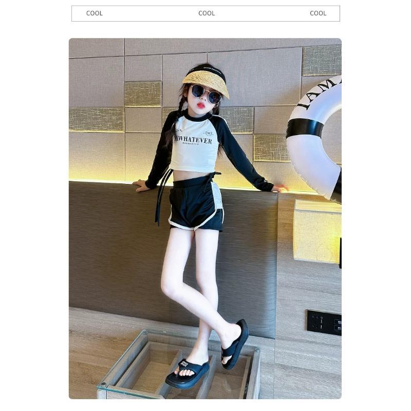 Girls' Swimwear Mid-Size Long-Sleeve Two-Piece Set—Polyester Color-Blocked Activewear for Sports Leisure and Hot Springs
