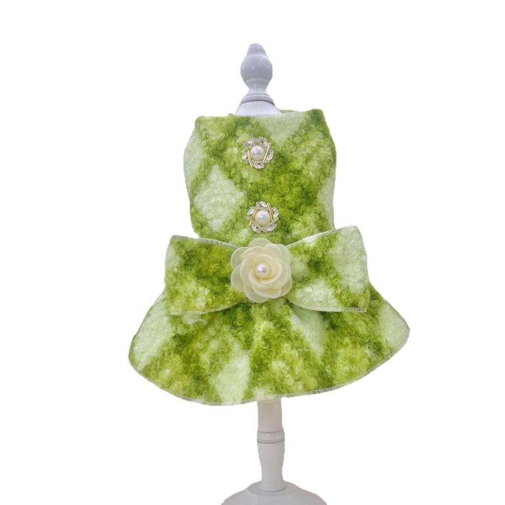 Autumn and Winter Pet Woolen Plaid Bow Dress Cat Winter Coat Woolen Coat Small Dog Teddy Dog Dresses for Small Dogs