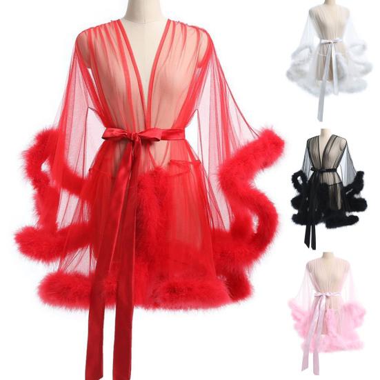 Dámská noční košile s plyšovým lemem Ultra tenký průsvitný volán ze síťoviny s nastavitelným zavazováním v pase Jednobarevné skládané Slutty Pyžamové oblečení na párty