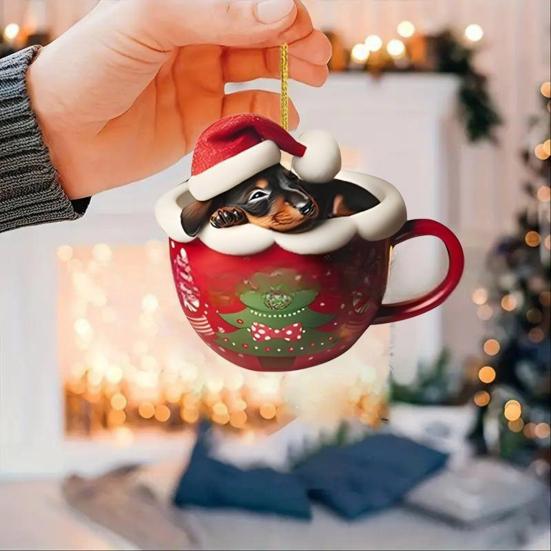Dachshund Christmas Ornament Puppy In Mug Christmas Tree Ornament 2D Acrylic Dachshund Hanging Decor Gifts for Dog Lovers