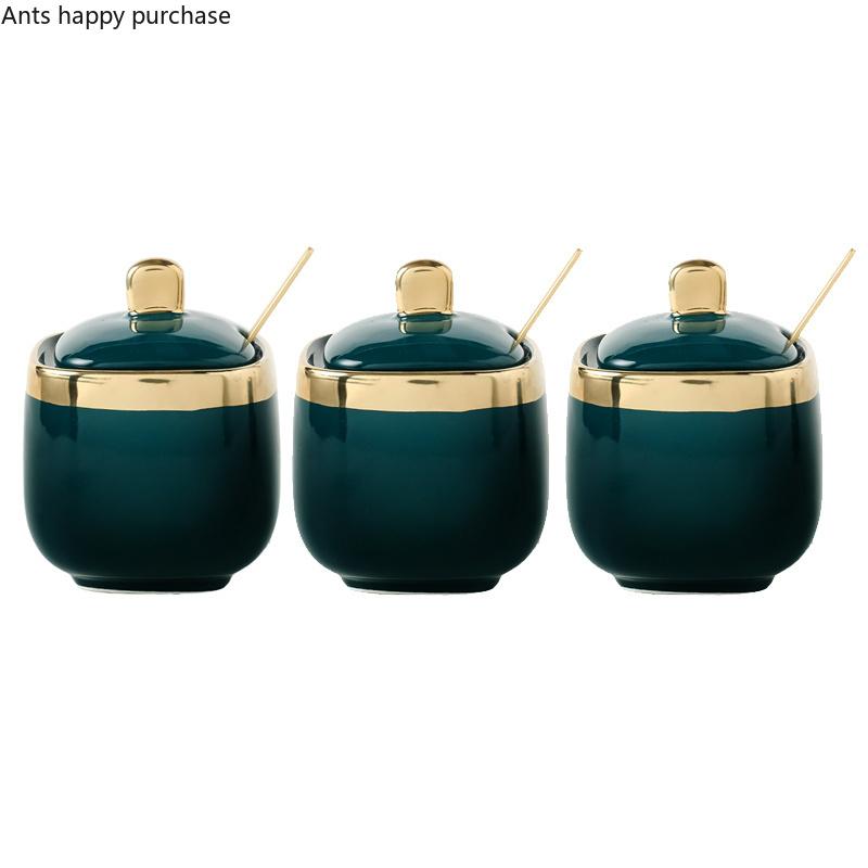 Grüne Keramik Zuckerdose Gesalzenes MSG Glas Gewürzbehälter Heimaufbewahrung Drei Stück Haushalt mit Löffel Deckel Gewürzaufbewahrungsbox
