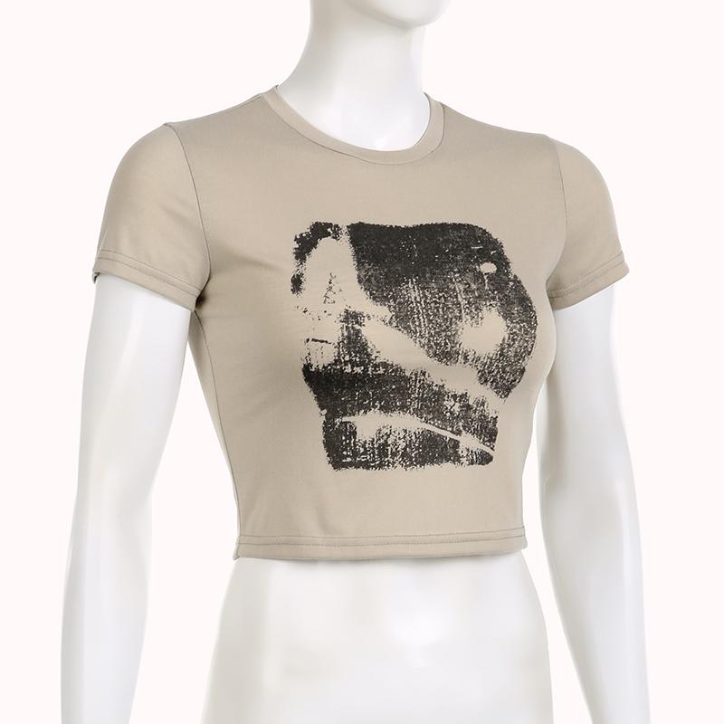 Vintage Chic Print y2k Crop Top Crewneck Slim Short Sleeve T-shirt Summer Harajuku  Streetwear y2k Retro Tees Shirt Women
