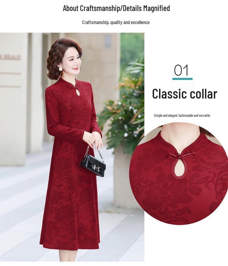 Elegant Jacquard Slimming Long Sleeve Cheongsam Midi Dress for Formal Occasions and Weddings