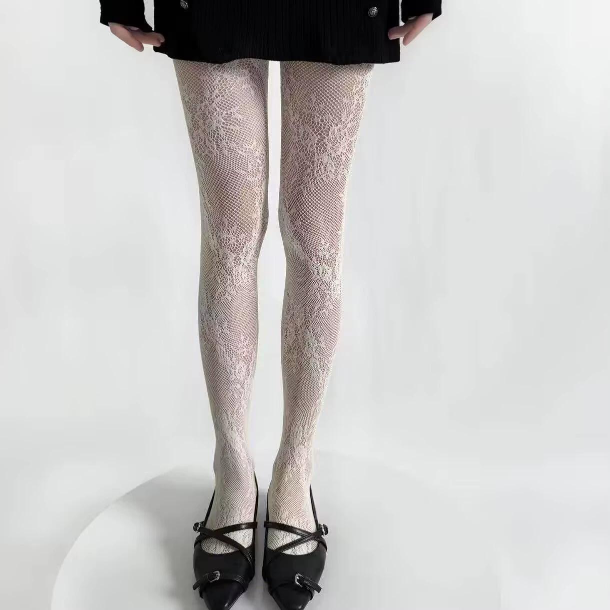 

2025 New Tights Women Sexy Lace Floral Thigh High Stockings Pantyhose Lingerie Hosiery Mesh Fishnet Stockings Women Tights білий