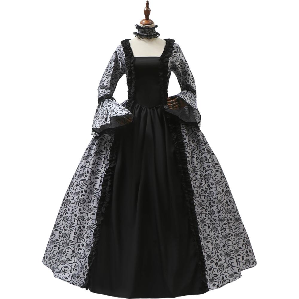 Cosplay Dress Medieval Flare Sleeve Party Formal Gown Gothic Floral Robe