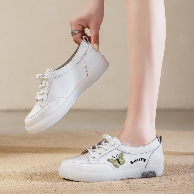 Women's White Leather Slip-On Sneakers - Spring/Autumn, Soft Sole, Butterfly Design, Casual Flats, Plus Sizes Available