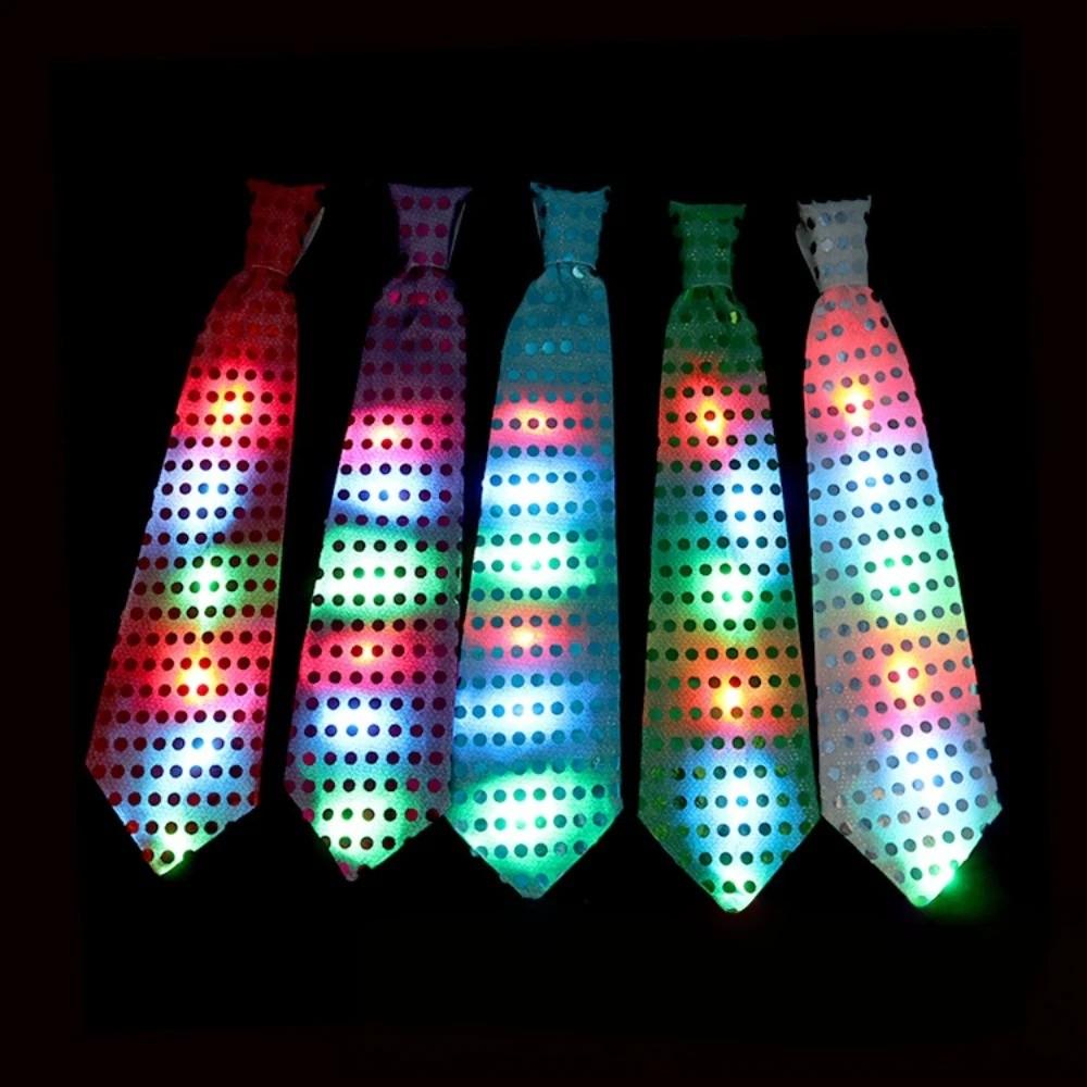 Dot Print LED Luminous Tie Battery Powered Colorful Sequins Glowing Tie Lightweight Unique Men Women Necktie Party Accessories