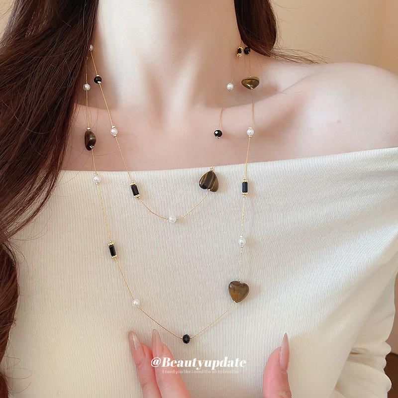 Retro Tiger Eye Stone Necklace - Versatile Maillard Style for Autumn & Winter Sweaters, High-End Luxury Accessory.