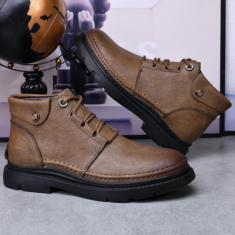 WAERTA Men Designer Leather Shoes Handmade Luxury Leisure Casual Moccasin Fashion Ankle Boots Comfortable Non-slip Winter Plush