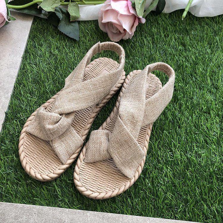 Women's Summer Roman Sandals - Woven Straw Linen with Elastic Band