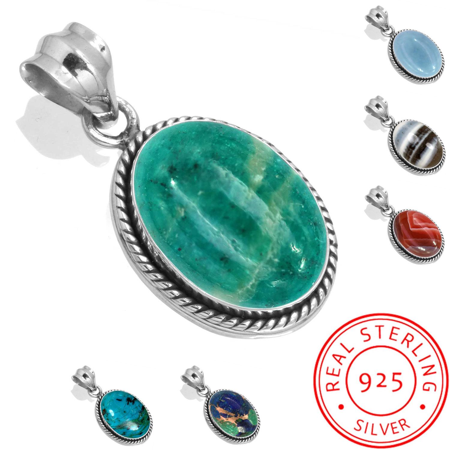 

925 Sterling Silver Pendant Women Gemstone Handmade Jewelry Halloween Gift Amazonite Angelite Blue Opal Botswana Agate Mohave Azurite Chrysocolla