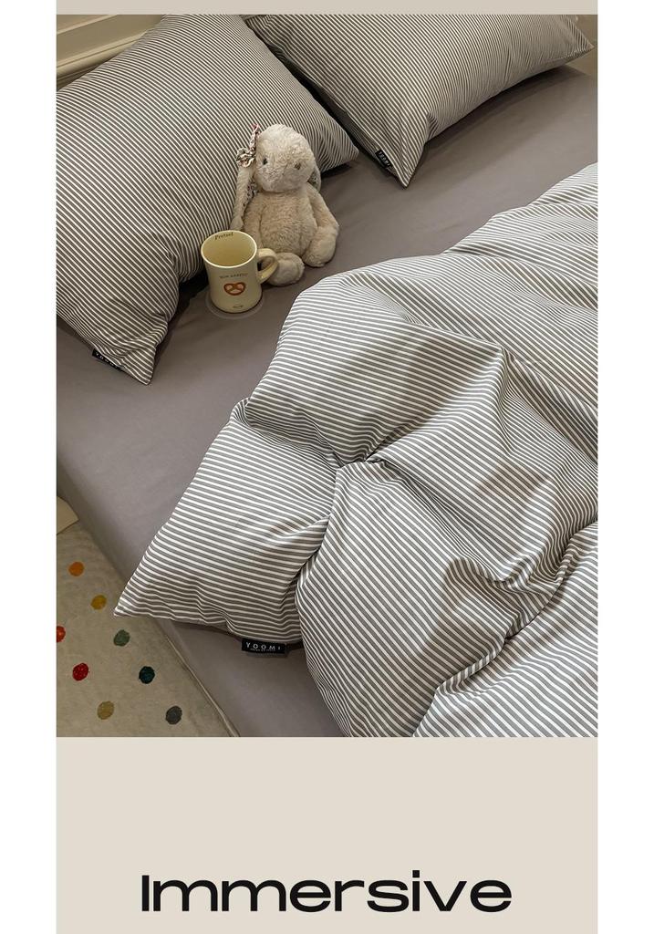 New 100% Cotton Simple Stripe Bedding Set – Includes Duvet Cover, Fitted Sheet, and Four-Piece Set for Dorms