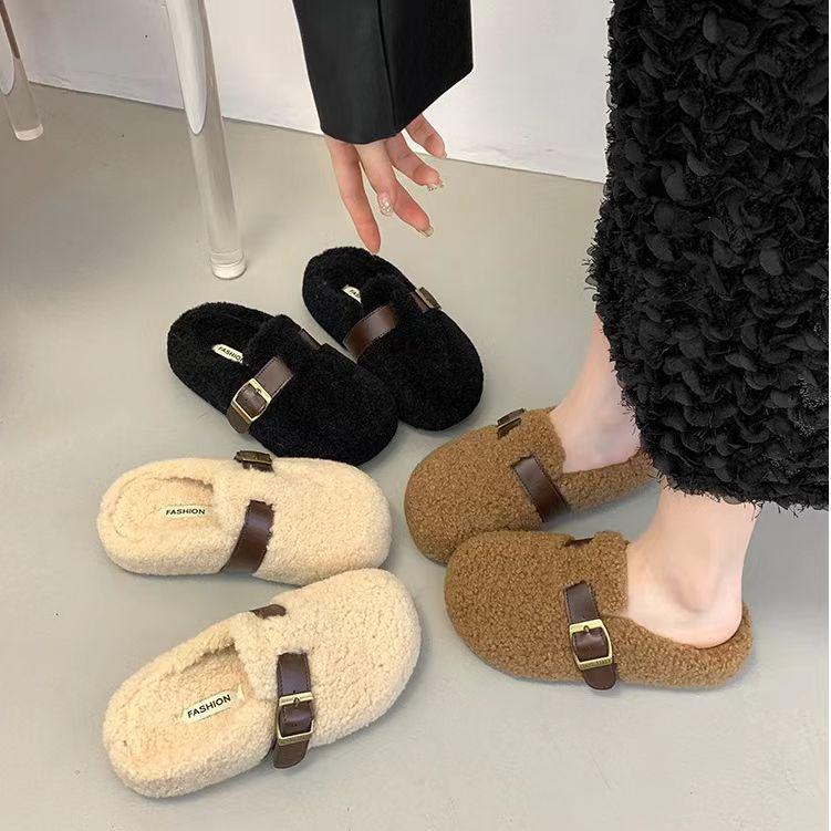 Women's Fluffy Korean Style Slip-on Thick Sole Cotton Slippers 2025 - Winter Collection