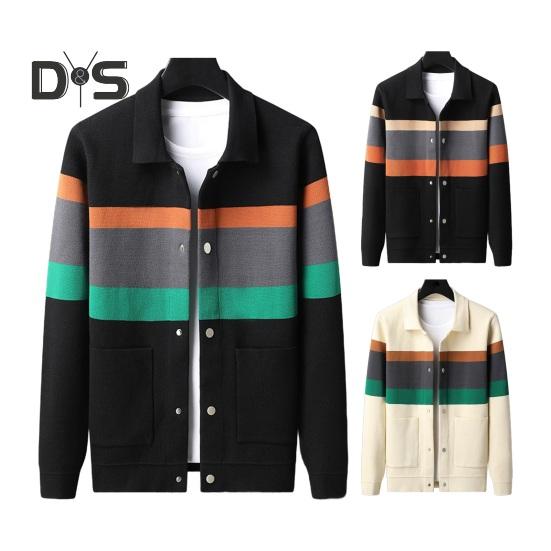 Fall Winter Men Cardigan Sweater Coloblock Turn-down Collar Coat Long Sleeves Pockets Single-breasted Knitted Elastic Jacket