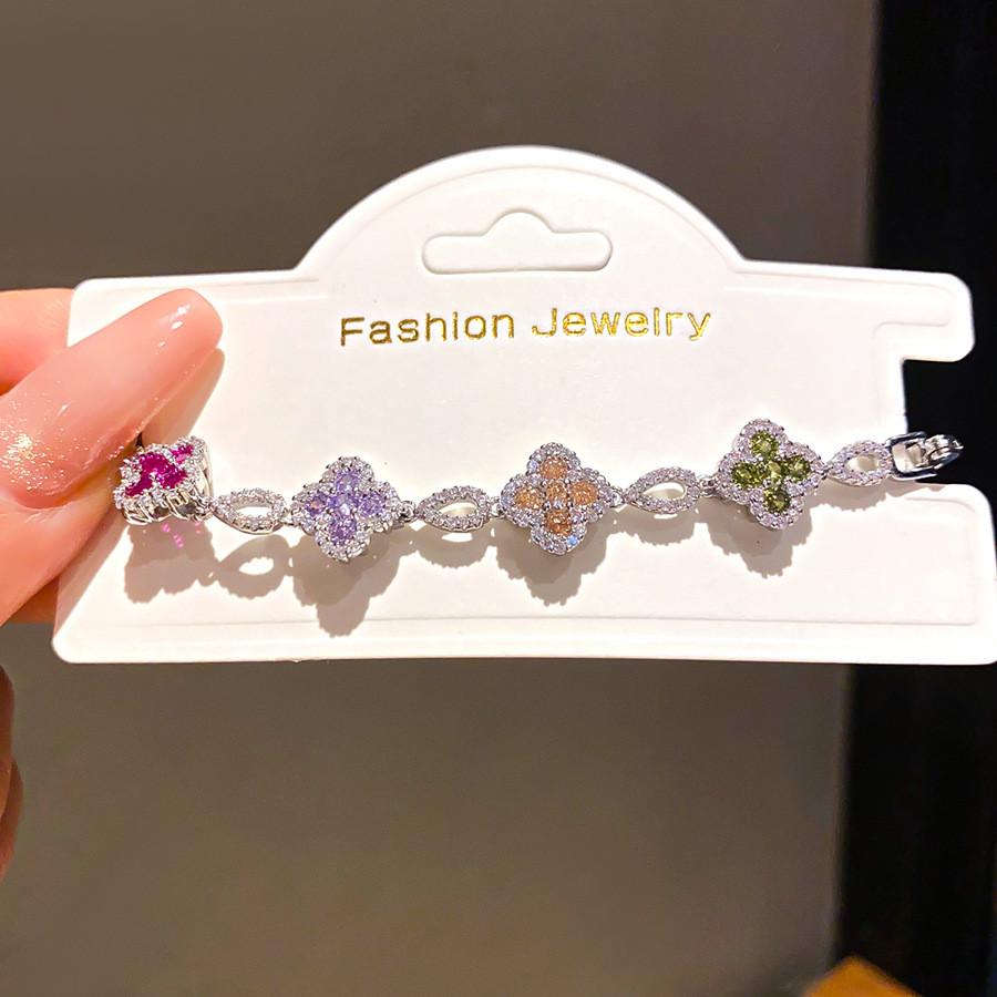 18k Gold Plated Clover Bracelet With Zircon Flowers For Women Elegant Jewelry Gift