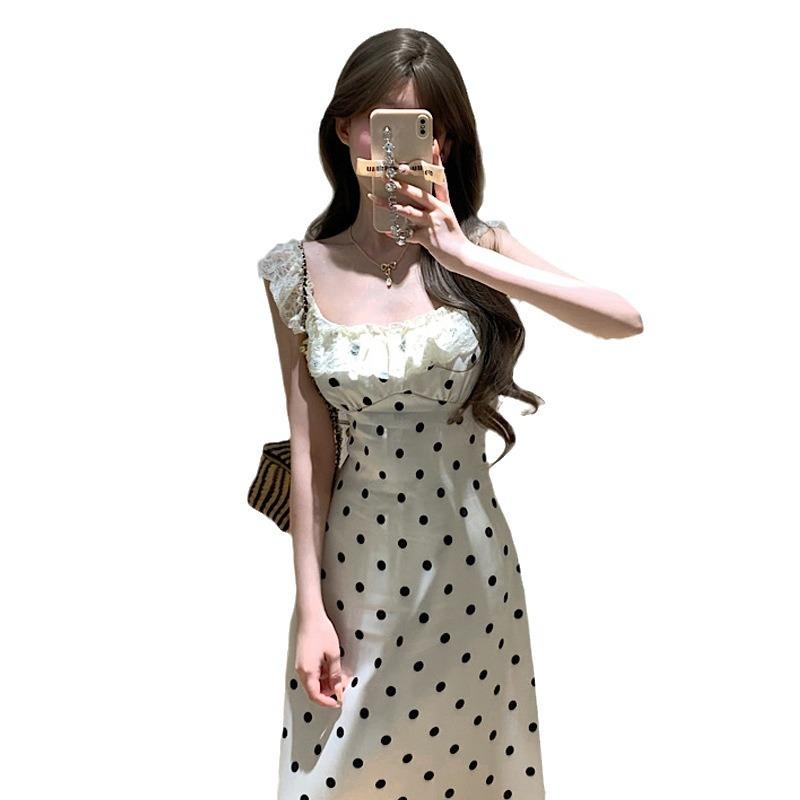 French pure desire style sweet and spicy polka dot suspender dress women's new temperament waist slim and thin skirt summer