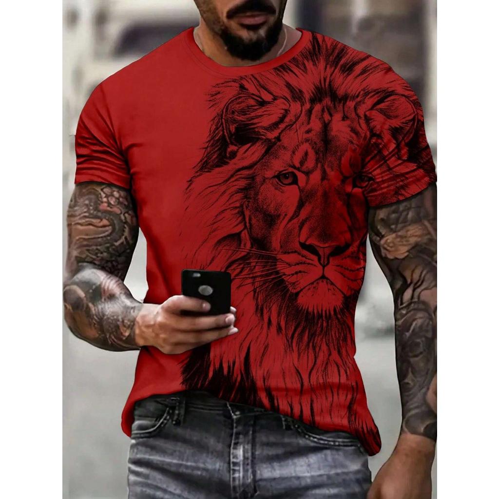 Summer Round Neck 3D Lion Pattern Print Top Fashionable Casual Short Sleeved Men's T-shirts