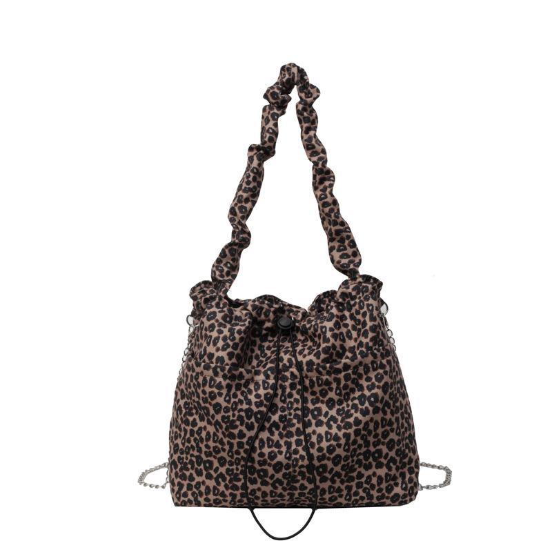 Leopard Print Tote Bag Drawstring Bucket Bag Shoulder Crossbody Bag Women's Underarm Bag